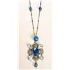 An Arts and Crafts moonstone and swiss-lapis necklace, the pendant having a plaque of swiss lapis fl