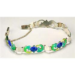 An enamelled silver bracelet, composed of five foliate plaques in green and yellow with deep blue ov