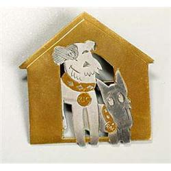 An amusing 'Doggy' brooch, in the shape of a kennel enclosing a comical terrier with 'Ric' on its na