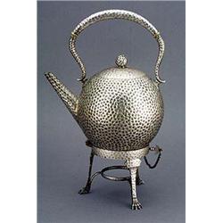 A Dixon & Sons plated metal kettle on stand, of globular shape with hinged domed cover, angular spou