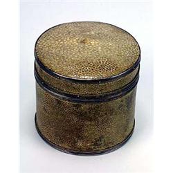 A John Paul Cooper shagreen box and cover, of cylindrical shape, wooden lined and covered overall wi