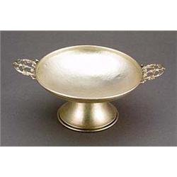 An A.E.Jones silver stemmed bowl, the vessel of shallow form, applied with twin foliate handles and.