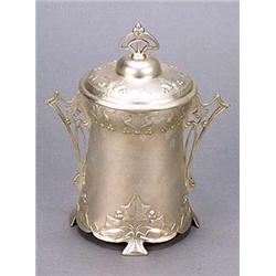 A W.M.F. plated metal biscuit barrel, of waisted cylindrical shape embellished with ivy leaves and o