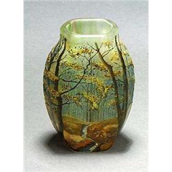 A French Art Nouveau enamelled Landscape vase, of flattened oviform with hexagonal neck, the greyish