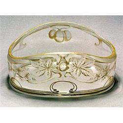 An Art Nouveau clear glass bowl, possibly Moser or Harach, of oval shape finely engraved with horse-