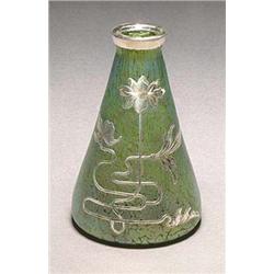 A Loetz iridescent glass vase, of conical shape exhibiting random splashes of silvery-blue lustre, f