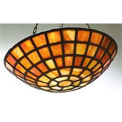 A leaded glass hanging lamp shade, of circular shallow dished form composed of panels of marbled gla