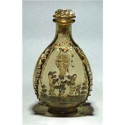 A Galle enamelled smoky glass bottle and stopper, of flattened teardrop shape with applied ribbons o