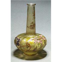 A Galle enamelled glass vase, of onion shape with a slender cylindrical neck, of pale smoky tone aci