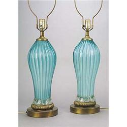A pair of Murano glass oviform lampbases, of pale turquoise tone having vertical ribs standing in pr