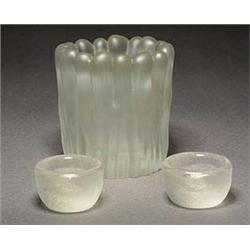 A Tapio Wirkkala frosted glass vase, of cylindrical shape with vertical ribbing, the neckrim resembl