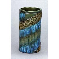 A Linthorpe Pottery vase, designed by Dr. Christopher Dresser, of cylindrical form decorated with tw