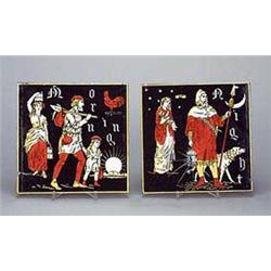 A pair of Minton Hollins 'Morning and Night' eight-inch Tiles, depicting Medieval figures engaged in