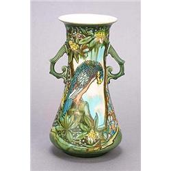 A Minton pottery twin handled vase, of waisted form, transfer printed in 'Secessionist' style with a