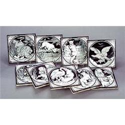 Ten Minton 'Oesop's Fables' tiles, attributed to Thomas Allen, transfer-printed in black against whi