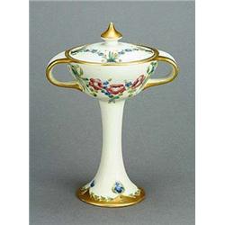 A Moorcroft Macintyre '18th century pattern' bon boniere, of goblet form with twin handles and cover