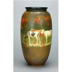 A Doulton Burslem 'Holbeinware' oviform vase, painted by W. Hodkinson, in naturalistic colours with.