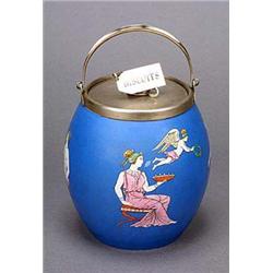 A Doulton biscuit barrel and cover, of oviform, decorated with classical figures on a blue ground wi