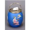 A Doulton biscuit barrel and cover, of oviform, decorated with classical figures on a blue ground wi