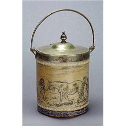 A Doulton Lambeth stoneware biscuit barrel, decorated by Hannah B. Barlow, with incised with a young