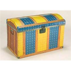 A decorative transfer-printed metal and wood chest, with domed hinged top decorated with alternating