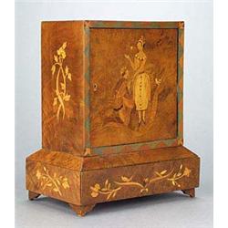 A stylish burr-wood and marquetry table cabinet, probably Austrian, depicting on the hinged door the