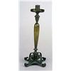 Image 1 : An Arts and Crafts bronze and wrought-iron candlestick, with plain sconce and drip-pan supported on.