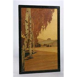 A Continental decorative marquetry panel, by Spindler, depicting in variously figured segments of wo