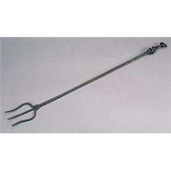 A Thornton and Downer wrought iron toasting fork, having three tines and twisted decoration along it