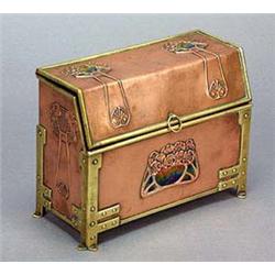 An Arts and Crafts copper and brass stationery box, of rectangular shape with internal divisions, th