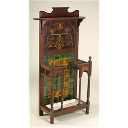 An English Art Nouveau mahogany inlaid and tiled hall stand, possibly retailed through Liberty & Co.