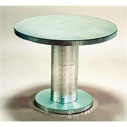 A stylish Art Deco circular table with mirror top, the edges and circular column applied with small.