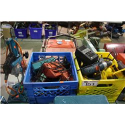 2 BINS OF ASSORTED POWER TOOLS & DRILL PRESS