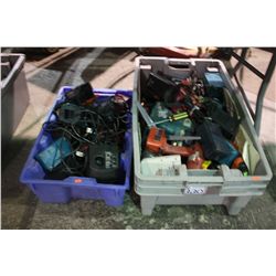 2 BINS OF ASSORTED DRILLS & CHARGERS