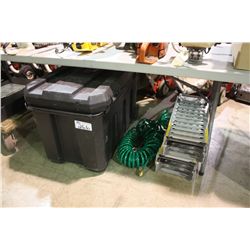 2 CAR RAMPS, HOSE, BLACK TOOL BOX & CONTENTS