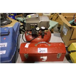 RED TOOL BOX, CONTENTS & PORTERCABLE AIR