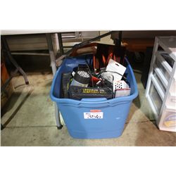 BLUE BIN OF ASSORTED TOOLS & FLASHLIGHTS