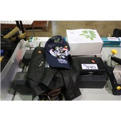 HAT, JACKET, DUMBELL & ASSORTED ELECTRICAL