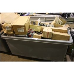 BIN OF ASSORTED TOOLS & LIGHTING HARDWARE