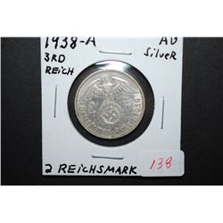 1938-A German 2 Reichsmark Foreign Coin With Flying Eagle Holding Swatstika; AU; Silver; EST. $10-15