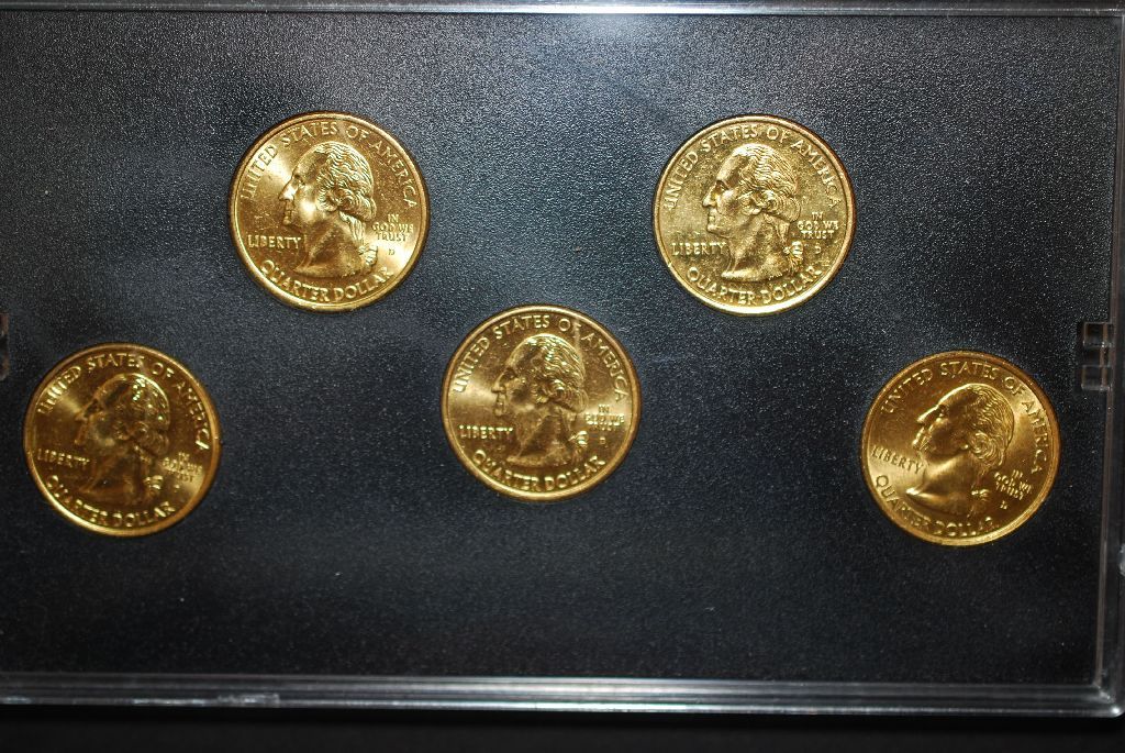 thumbnail image 2 of 2001 Gold 24K Clad U.S. Mint State Quarters Complete Set Of 5 Coins – W/ Capsules 2 of 6