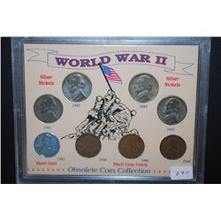 World War II Obsolete Coin Collection In Display Case; Jefferson Nickels & Lincoln Wheat Back Pennie