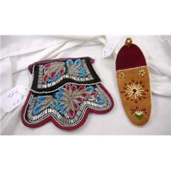 Iroquois Double face bag 7 x 7 inches with documentation and beaded moose hide wall pocket