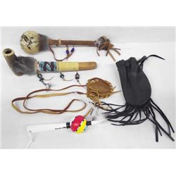 Pueblo Rattles, Pipe, & Leather Pouches