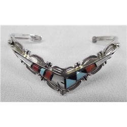 Zuni Sterling Inlay Turquoise Coral Jet Bracelet