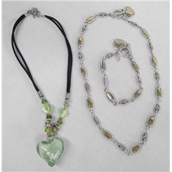 Brass Link Bracelet Necklace Set,Green Bead Choker