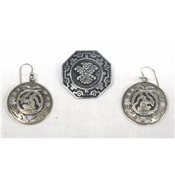 Guatemalan 900 Sterling Silver Earrings & Pin