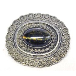 Estate Israli Sterling Silver Catseye Pin