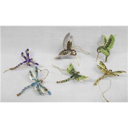 Six Cloisonne Dragonfly and Hummingbird Ornaments