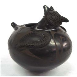 -Mata Ortiz Owl Black Burnished Pot - Quezada